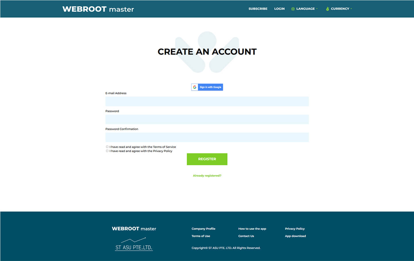 A sign-up form under the heading "CREATE AN ACCOUNT" with fields for email and password.