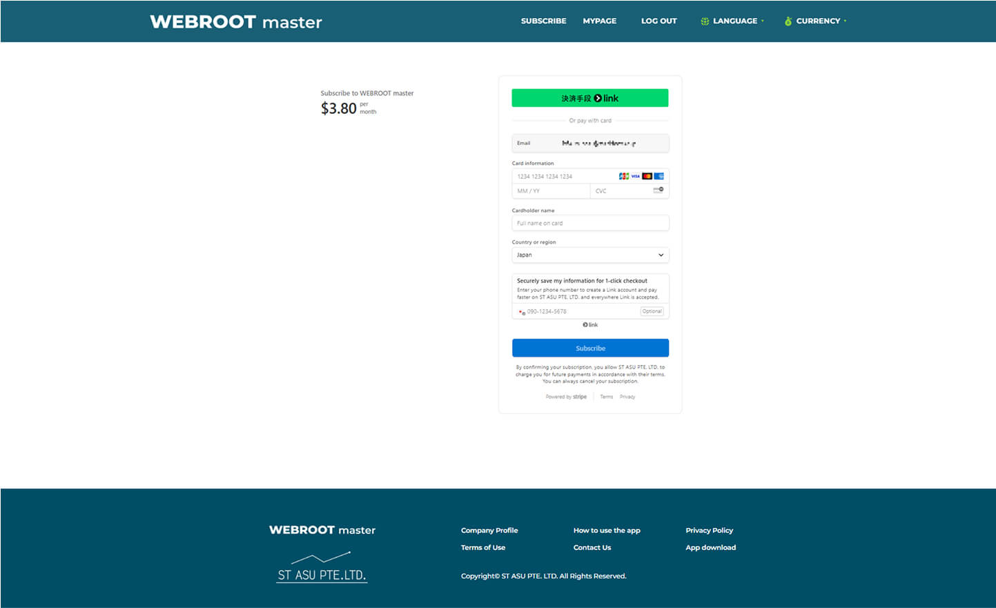 Payment form screen for subscribing to "WEBROOT master" at $3.80 per month.