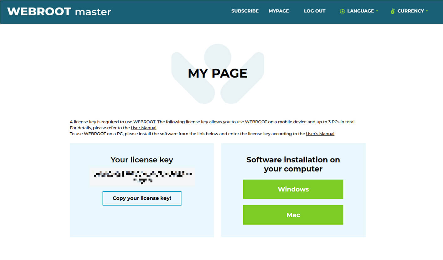 A "MY PAGE" screen displaying the WEBROOT license key and software installation details.