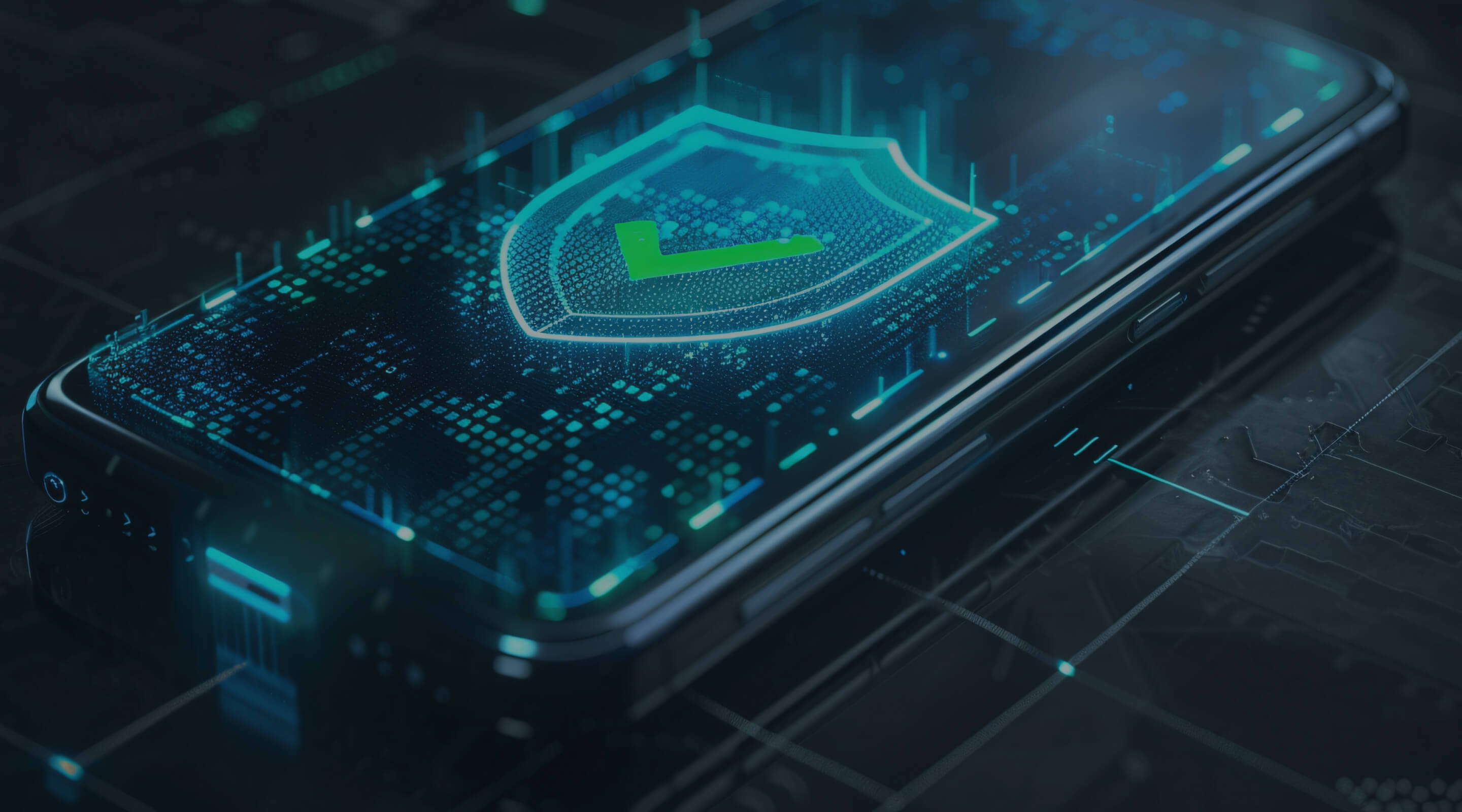A smartphone displaying a glowing digital shield with a green checkmark, symbolizing security.